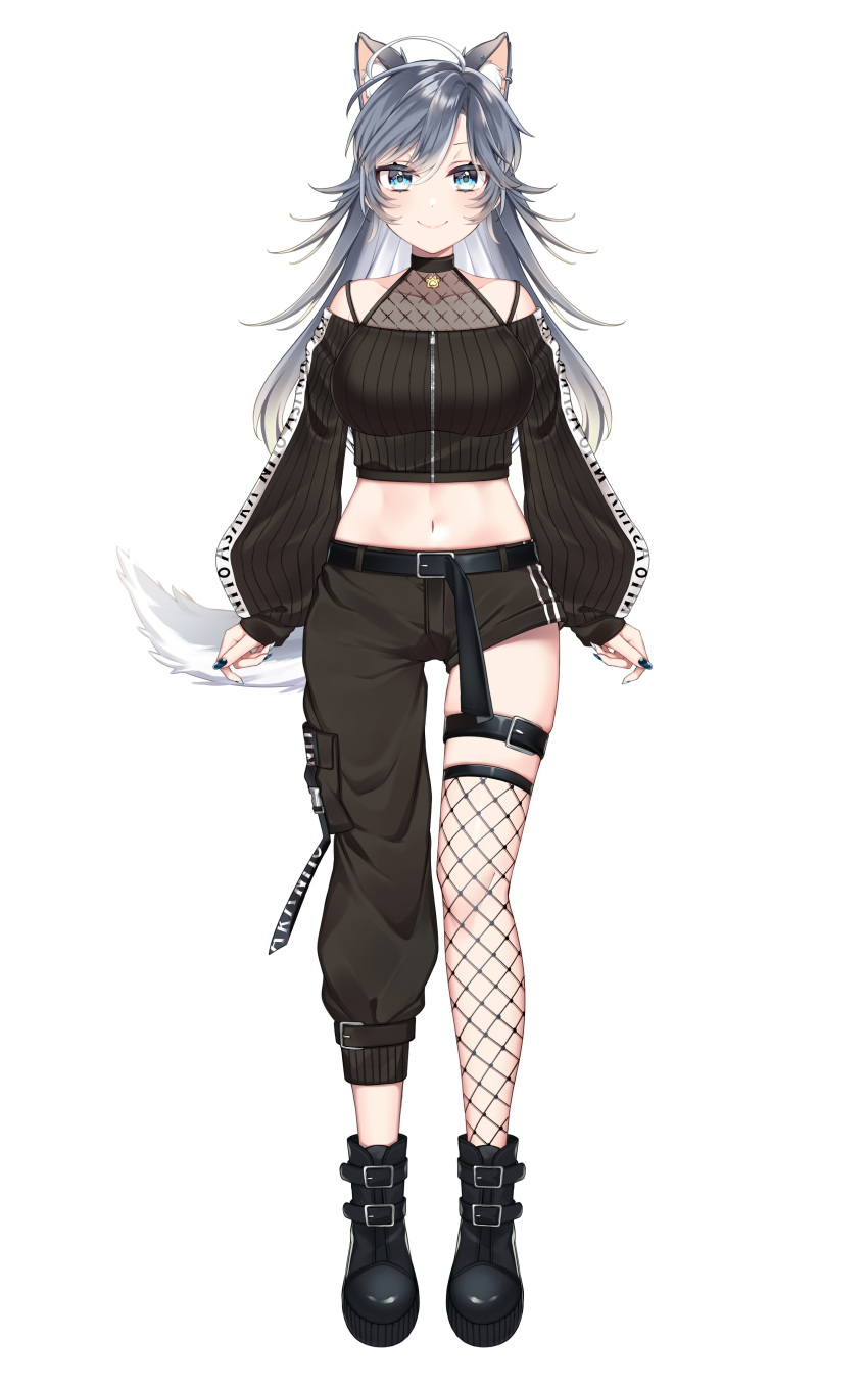 1girl absurdres animal_ear_fluff animal_ears ankle_boots anzu_1026 arms_at_sides asymmetrical_clothes bangs belt black_footwear black_nails blue_eyes boots breasts closed_mouth comai_asaka crop_top fishnet_legwear fishnets full_body grey_hair highres indie_virtual_youtuber large_breasts long_hair long_sleeves looking_at_viewer navel pants puffy_sleeves simple_background single_pantsleg single_thighhigh smile solo standing tail thigh-highs thigh_strap virtual_youtuber white_background