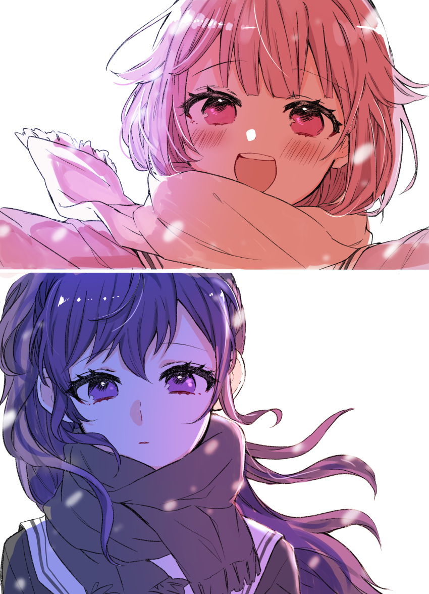2girls 2koma :d absurdres asahina_mafuyu backlighting bangs black_scarf blunt_bangs blurry blush depth_of_field dot_nose enpera expressionless eyebrows_visible_through_hair eyelashes floating_hair fringe_trim half-closed_eyes hana_kon_(17aaammm) high_ponytail highres limited_palette looking_at_viewer multiple_girls ootori_emu open_mouth outstretched_arms parted_lips pink_eyes pink_hair pink_theme project_sekai purple_hair purple_theme sailor_collar scarf shiny shiny_hair short_hair sidelocks simple_background smile snow spread_arms swept_bangs teeth upper_body upper_teeth violet_eyes wavy_hair white_background white_sailor_collar white_scarf