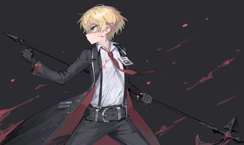 1boy bangs black_background black_coat black_gloves black_jacket black_pants blonde_hair blood blood_on_clothes blood_on_face clenched_hand coat devy_lobotomy gloves hair_between_eyes highres holding holding_weapon jacket korean_commentary limbus_company long_sleeves male_focus necktie open_clothes open_jacket pants polearm profile project_moon red_necktie shaded_face shirt simple_background sinclair_(limbus_company) solo suspenders weapon white_shirt yellow_eyes
