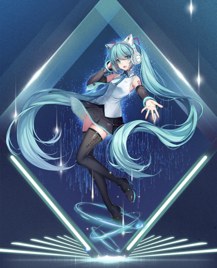 1girl absurdly_long_hair aqua_eyes aqua_hair aqua_nails aqua_necktie bangs bare_shoulders breasts collared_shirt detached_sleeves english_text eyebrows_visible_through_hair floating full_body grey_shirt hatsune_miku headphones headset high_heels highres lace-trimmed_shirt lace_trim long_hair looking_at_viewer mechanical_ears miniskirt necktie open_hand open_mouth reaching_out shirt skirt sleeveless sleeveless_shirt small_breasts smile solo swept_bangs thigh-highs twintails very_long_hair vocaloid yowu_chan zettai_ryouiki