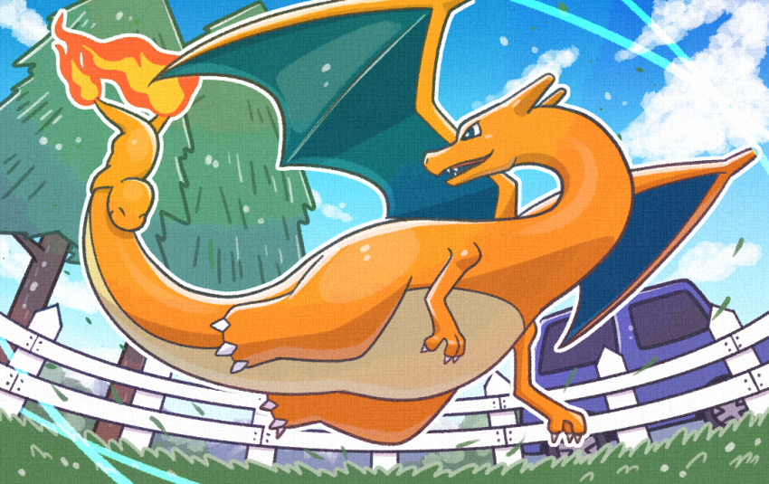 car charizard charmander claws clouds commentary_request day fence flame-tipped_tail flying from_below grass ground_vehicle hatoro_kuroyoshi looking_back motor_vehicle no_humans outdoors pokemon pokemon_(creature) sky tree