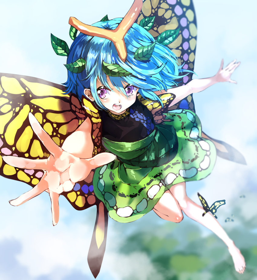 1girl absurdres animal antennae aqua_hair barefoot blush bug butterfly butterfly_wings dress eternity_larva fairy full_body green_dress hair_between_eyes highres leaf leaf_on_head multicolored_clothes multicolored_dress open_mouth short_hair short_sleeves solo sunnysideup teeth touhou upper_teeth violet_eyes wings