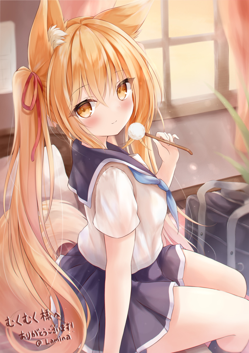 1girl animal_ear_fluff animal_ears bag black_legwear black_sailor_collar black_skirt blonde_hair blue_neckerchief blush brown_eyes closed_mouth commentary_request curtains feet_out_of_frame fox_ears fox_girl fox_tail hair_ribbon highres indoors kata_rosu kneehighs looking_at_viewer looking_to_the_side mimikaki neckerchief on_bed original pillow pleated_skirt red_ribbon ribbon sailor_collar school_bag school_uniform serafuku shirt short_sleeves sitting sitting_on_bed skirt smile solo tail translation_request twintails twitter_username white_shirt window