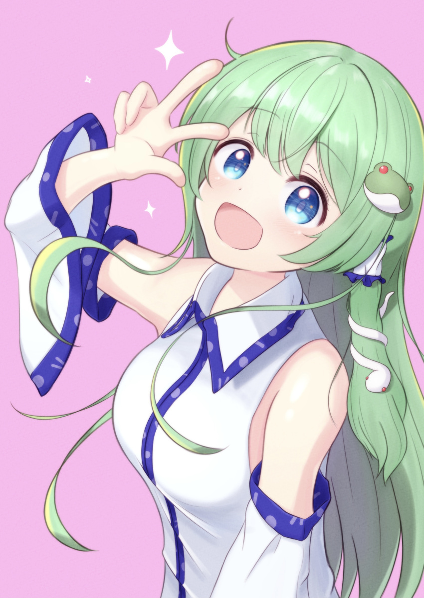 1girl :d absurdres blue_eyes blush eyebrows_visible_through_hair frog_hair_ornament green_hair hair_ornament highres japanese_clothes kochiya_sanae looking_at_viewer miko open_mouth pink_background sleeveless smile snake_hair_ornament solo takamochi_kanae touhou v