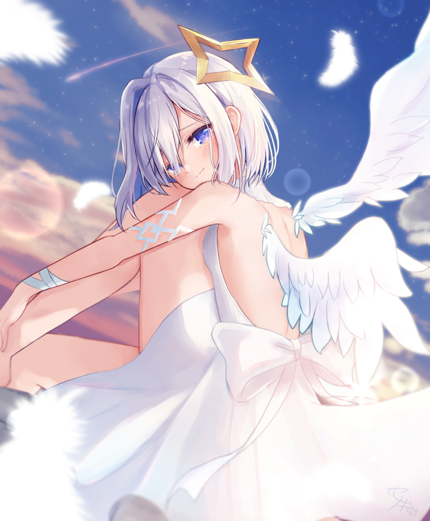 1girl amane_kanata angel angel_wings backless_outfit bare_legs blue_eyes closed_mouth dress feathers hair_ornament highres hololive light_blue_hair looking_at_viewer sese_nagi short_hair sitting sky smile star_(symbol) star_hair_ornament virtual_youtuber white_dress wings