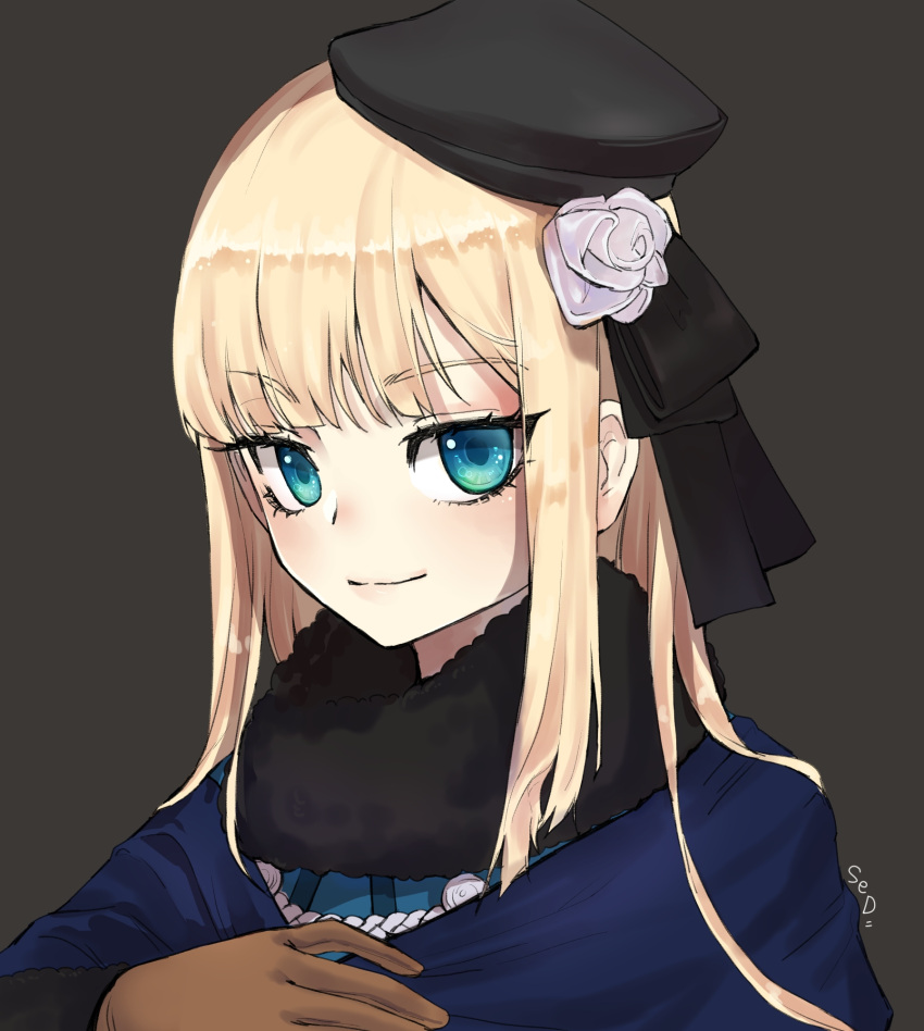 1girl aqua_eyes bangs beret black_headwear blonde_hair blue_dress blue_scarf blush breasts brown_gloves dress fate_(series) fur_collar gloves grey_rose hat highres long_hair long_sleeves looking_at_viewer lord_el-melloi_ii_case_files reines_el-melloi_archisorte scarf sidelocks small_breasts smile solo soon354 tilted_headwear