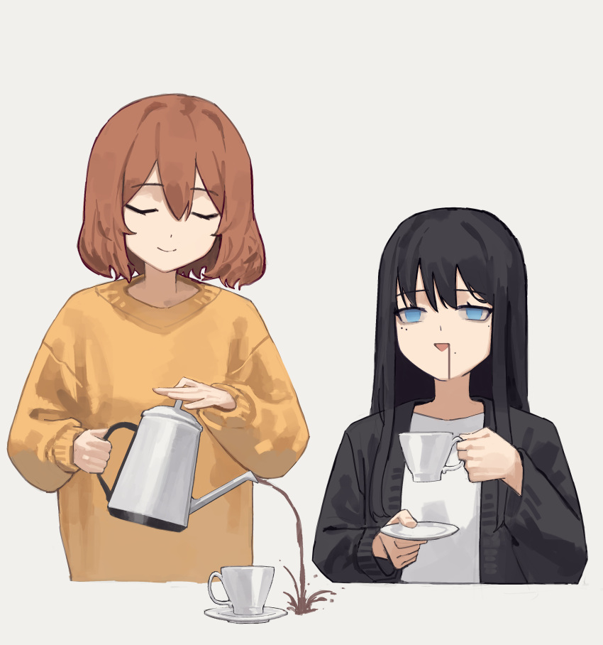 2girls absurdres bangs black_cardigan black_hair blue_eyes brown_hair cardigan closed_eyes coffee_cup cup disposable_cup eyebrows_visible_through_hair failure hair_between_eyes highres hime_cut holding holding_cup long_hair long_sleeves medium_hair mole mole_under_eye mole_under_mouth multiple_girls no_pupils open_cardigan open_clothes original shirt sidelocks simple_background smile spilling sweater triangle_mouth white_background white_shirt yellow_sweater yoon_cook