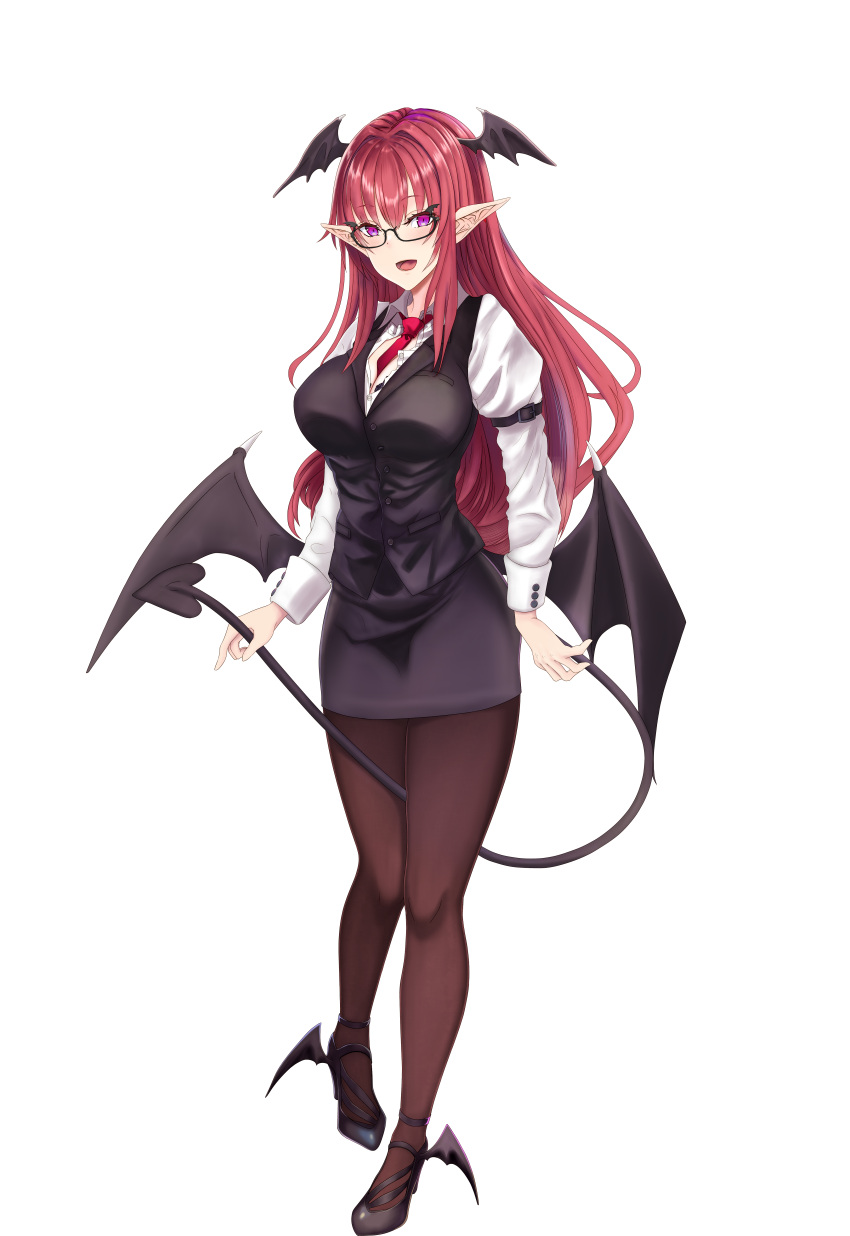 1girl :d absurdres bespectacled black_legwear breasts demon_tail demon_wings full_body glasses head_wings high_heels highres holding koakuma large_breasts long_hair long_sleeves looking_at_viewer necktie open_mouth pantyhose pencil_skirt pointy_ears puffy_sleeves redhead shirt skirt smile solo standing tail tk31 touhou transparent_background vest violet_eyes white_shirt wings