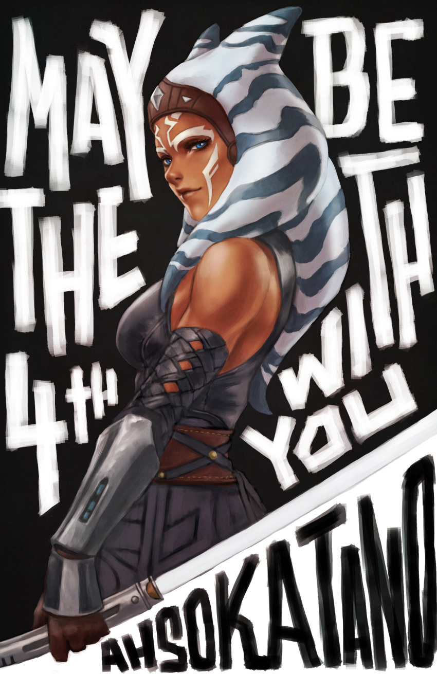 1girl absurdres ahsoka_tano alien argyle argyle_cutout belt black_background black_sleeves blue_eyes blue_hair breasts brown_belt brown_gloves brown_lips character_name clothing_cutout colored_skin detached_sleeves energy_sword english_commentary english_text facial_tattoo forehead_protector from_side gloves highres holding holding_weapon lightsaber lips long_hair makeup mascara medium_breasts monori_rogue multicolored_hair nose orange_skin pun reverse_grip solo star_wars sword tattoo tentacle_hair text_focus the_mandalorian togruta toned two-tone_hair vambraces weapon white_hair