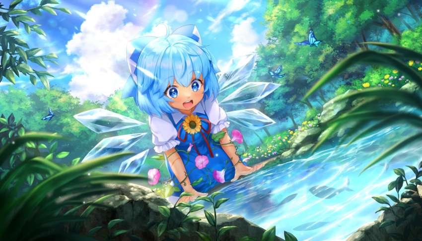 1girl animal artist_request blue_bow blue_dress blue_eyes blue_hair blush bow bug butterfly cirno collared_shirt day detached_wings dress eyebrows_visible_through_hair fairy flower hair_between_eyes hair_bow highres ice ice_wings morning_glory official_art open_mouth pink_flower puffy_short_sleeves puffy_sleeves river shirt short_hair short_sleeves smile solo sunflower tanned_cirno teeth third-party_source touhou touhou_danmaku_kagura upper_teeth water white_shirt wings yellow_flower