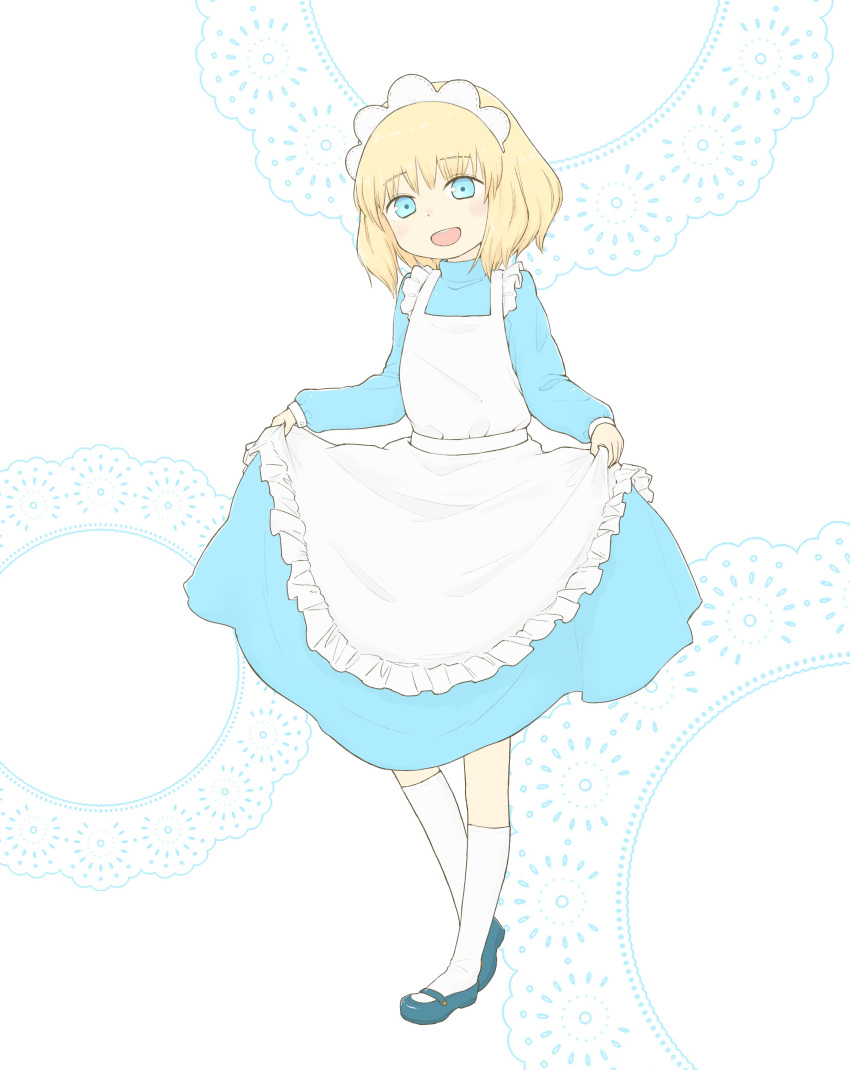 1girl :d absurdres apron bangs blonde_hair blue_dress blue_eyes blue_footwear commentary_request diode_(0_division) doily dress eyebrows_visible_through_hair frilled_apron frills full_body highres long_sleeves looking_at_viewer maid maid_apron maid_headdress original shoes skirt_hold smile socks solo standing standing_on_one_leg white_apron white_background white_legwear