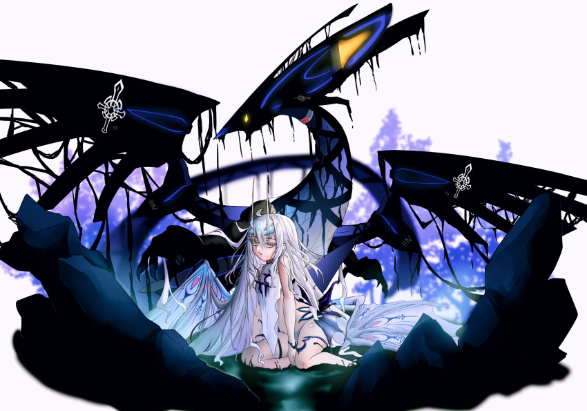 1girl absurdres dragon dragon_girl fairy_knight_lancelot_(fate) fairy_knight_lancelot_(final_ascension)_(fate) fate/grand_order fate_(series) highres long_hair user_gveu8473 white_background white_hair wings yellow_eyes