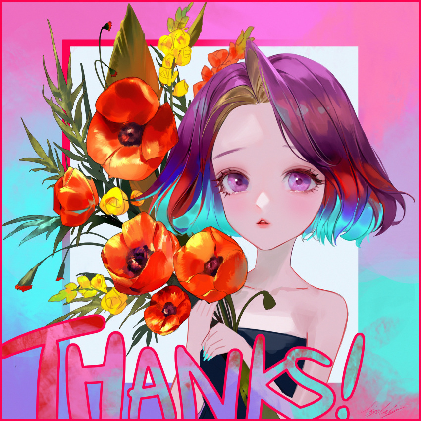 1girl absurdres bare_shoulders black_shirt blue_hair blue_nails collarbone colored_inner_hair english_commentary flower highres holding holding_flower lizchief looking_at_viewer multicolored_hair orange_flower original parted_lips portrait purple_hair shirt solo strapless strapless_shirt violet_eyes