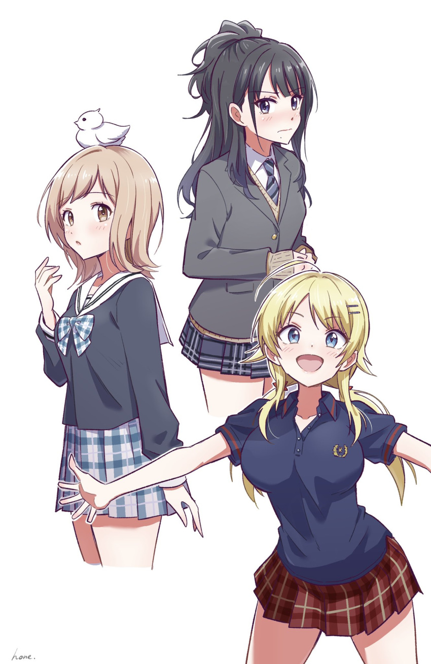 3girls :d ahoge artist_name bird black_hair black_shirt blonde_hair blue_bow blue_eyes blue_shirt blush bow bowtie breasts brown_eyes cardigan eyebrows_visible_through_hair grey_jacket hachimiya_meguru hair_ornament hairclip highres hone_(honehone083) idolmaster idolmaster_shiny_colors illumination_stars_(idolmaster) jacket kazano_hiori large_breasts light_brown_hair looking_at_viewer low_twintails miniskirt mole mole_under_mouth multiple_girls necktie plaid plaid_skirt pleated_skirt polo_shirt ponytail red_skirt sailor_collar sakuragi_mano school_uniform shirt simple_background skirt sleeves_past_wrists smile striped_necktie twintails white_background white_shirt