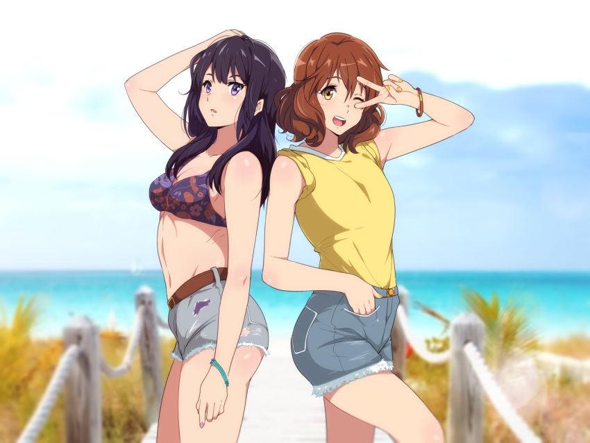 2girls ;d arm_up back-to-back beach bead_bracelet beads belt bikini bikini_top_only black_hair blurry blurry_background bracelet breasts bridge brown_belt brown_eyes brown_hair casual clouds denim denim_shorts floral_print from_side grass hand_in_pocket hibike!_euphonium jewelry kousaka_reina long_hair looking_at_viewer medium_breasts medium_hair multiple_girls ocean one_eye_closed open_mouth oumae_kumiko parted_lips sbel02 shirt short_shorts shorts sky sleeveless sleeveless_shirt smile swimsuit teeth torn_clothes torn_shorts upper_teeth v v_over_eye violet_eyes yellow_shirt