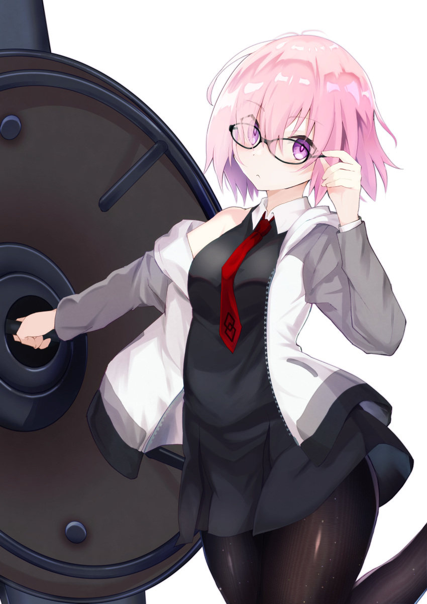 1girl absurdres bangs black_dress black_legwear breasts dress fate/grand_order fate_(series) fukiya_(fumiakitoyama) glasses grey_jacket hair_over_one_eye highres jacket large_breasts light_purple_hair long_sleeves looking_at_viewer mash_kyrielight necktie open_clothes open_jacket pantyhose shield short_hair solo thighs violet_eyes