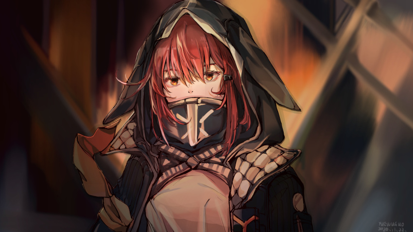 1girl absurdres animal_hood arknights armband artist_name bangs black_jacket black_mask blurry blurry_background crownslayer_(arknights) dated grey_shirt hair_between_eyes hair_ornament hairclip highres hood hood_up hooded_jacket jacket looking_at_viewer mask mouth_mask open_clothes open_jacket orange_ribbon redhead ribbon shirt solo upper_body yellow_eyes yue_wuguo