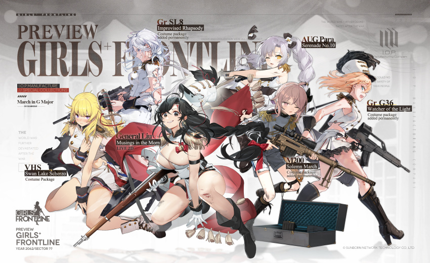 6+girls ahoge ankle_boots aqua_eyes assault_rifle astg aug_para_(girls'_frontline) aug_para_(serenade_no.10)_(girls'_frontline) bahao_diqiu bangs bassoon battle_rifle black_eyes black_footwear black_hair black_legwear blonde_hair blue_eyes blush bolt_action boots bow braid breasts bullpup character_name cheytac_m200 clarinet closed_mouth copyright_name cross-laced_footwear earrings english_commentary english_text eyebrows_visible_through_hair feather_hair_ornament feathers french_braid g36_(girls'_frontline) g36_(watcher_of_the_light)_(girls'_frontline) gebijiade_89 general_liu_(girls'_frontline) general_liu_(musings_in_the_morn)_(girls'_frontline) general_liu_rifle girls_frontline gloves gun h&amp;k_g36 h&amp;k_sl8 hair_bow hair_ornament hairclip highres holding holding_gun holding_weapon instrument jewelry knee_boots lace-up_boots large_breasts long_hair looking_at_viewer looking_away m200_(girls'_frontline) m200_(solemn_march)_(girls'_frontline) marching_band medium_breasts multicolored_hair multiple_girls official_alternate_costume official_art open_mouth ponytail promotional_art rifle scar shoes shuzi sl8_(girls'_frontline) sl8_(improvised_rhapsody)_(girls'_frontline) smile smile_(mm-l) smirk sniper_rifle socks squirrel standing steyr_aug thigh-highs thigh_boots thighhighs_under_boots torn_clothes twin_braids twintails uniform vhs_(girls'_frontline) vhs_(swan_lake_scherzo)_(girls'_frontline) violet_eyes weapon weapon_case white_footwear white_gloves white_hair white_headwear white_uniform yellow_eyes