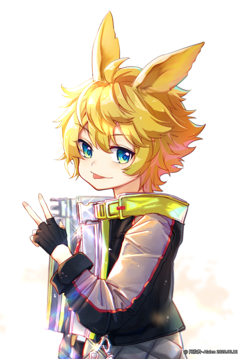 1boy alalen animal_ears arknights black_gloves blonde_hair cowboy_shot eyebrows_visible_through_hair fingerless_gloves gloves green_eyes hand_up highres jacket leonhardt_(arknights) looking_at_viewer male_focus rabbit_boy rabbit_ears short_hair solo sparkle tongue tongue_out v