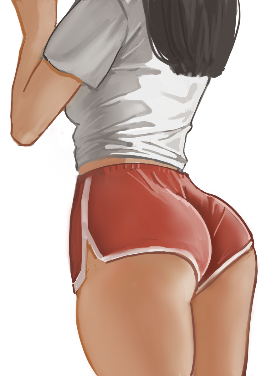 1girl absurdres ass black_hair commentary_request from_behind gym_uniform head_out_of_frame highres long_hair original shirt shorts simple_background sketch solo white_background white_shirt yoozzz
