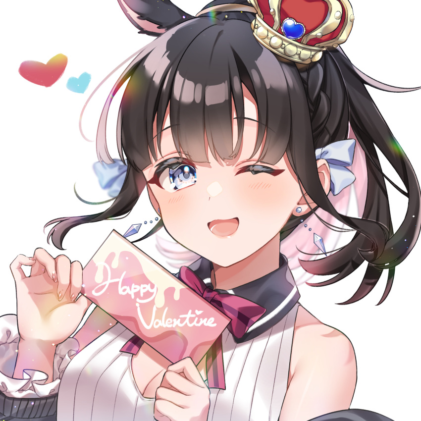 1girl animal_ears anzu_1026 bangs black_hair blue_eyes bow bowtie braid breasts cleavage_cutout clothing_cutout crown earrings hands_up happy_valentine heart highres indie_virtual_youtuber jewelry kuroto_usami medium_breasts medium_hair mini_crown one_eye_closed open_mouth ponytail smile solo upper_body virtual_youtuber