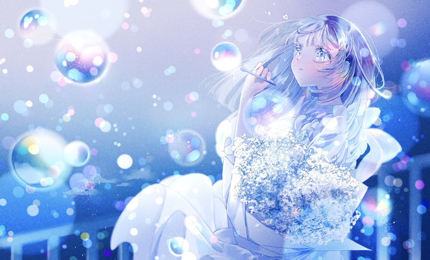 1girl absurdres blue_eyes blue_hair blue_theme blush bouquet bubble dress flower frilled_dress frills highres long_hair looking_away original sakuraba_nao solo sunlight teardrop tears white_dress white_flower