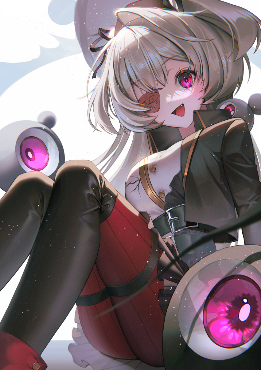 1girl absurdres alchemy_stars bangs breasts collared_jacket eicy_(alchemy_stars) eyepatch fang highres kkuni knees_up light_brown_hair light_particles long_hair looking_at_viewer medium_breasts one_eye_covered open_mouth pants pink_hair sitting smile solo