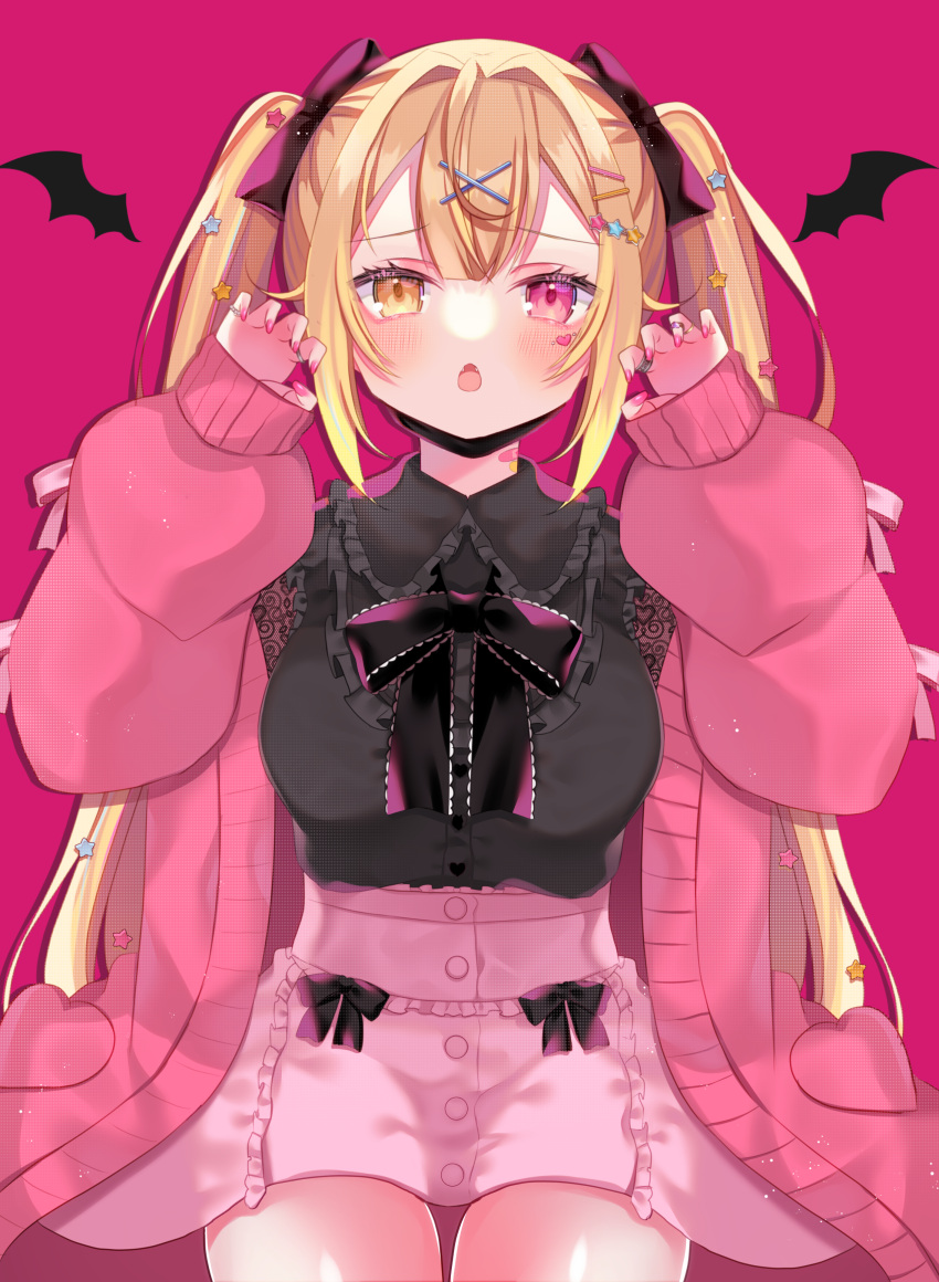 1girl absurdres bangs black_bow black_shirt blonde_hair bow breasts claw_pose collar collared_shirt commentary_request eyebrows_visible_through_hair fingernails frilled_collar frills hair_bow hair_ornament heterochromia highres hoshikawa_sara jacket kakyoxx leaning_forward long_hair long_sleeves looking_at_viewer medium_breasts nijisanji open_clothes open_jacket open_mouth pink_eyes pink_jacket pink_nails pink_skirt shirt skirt smile solo star_(symbol) star_hair_ornament sweater_jacket twintails v-shaped_eyebrows vampire_(vocaloid) virtual_youtuber x_hair_ornament yellow_eyes