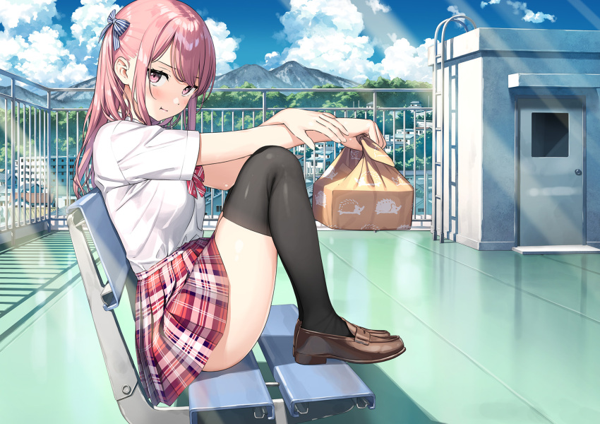 1girl :t bangs bench bento black_legwear blue_bow blue_sky blush bow bowtie breasts brown_footwear closed_mouth commentary day eyebrows_visible_through_hair fence from_side full_body hair_bow highres holding kantoku knees_up kurumi_(kantoku) ladder large_breasts light_rays loafers long_hair looking_at_viewer looking_to_the_side miniskirt mountainous_horizon original outdoors pink_eyes pink_hair plaid plaid_skirt pout red_bow red_bowtie red_skirt rooftop school_uniform shoes short_sleeves sitting skindentation skirt sky solo striped striped_bow sunbeam sunlight thigh-highs thighs town v-shaped_eyebrows