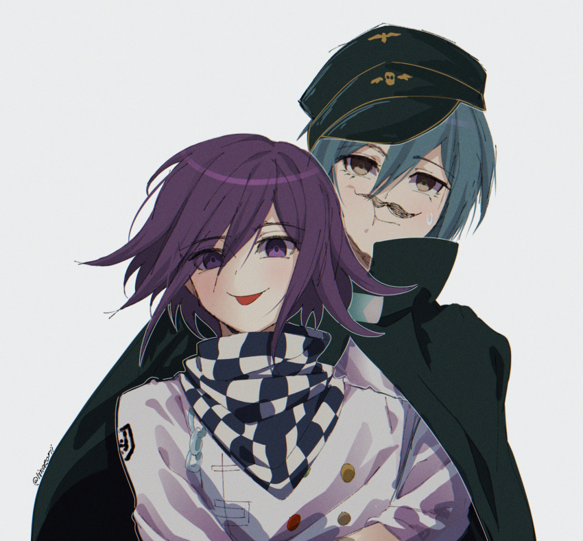 2boys :p alternate_costume bangs black_cape black_headwear borrowed_garments buttons cape checkered_clothes checkered_scarf closed_mouth danganronpa_(series) danganronpa_v3:_killing_harmony double-breasted fake_facial_hair fake_mustache green_hair grey_background grey_jacket highres hinaeorii jacket male_focus medium_hair multiple_boys ouma_kokichi purple_hair saihara_shuuichi scarf shiny shiny_hair short_hair simple_background smile sweatdrop tongue tongue_out upper_body violet_eyes