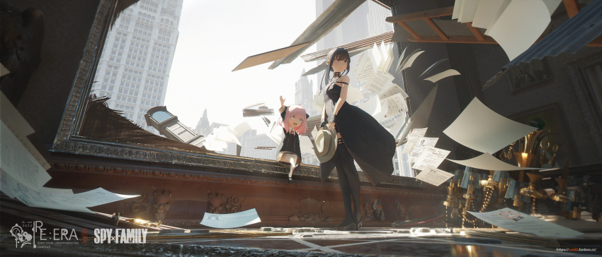 2girls absurdres anya_(spy_x_family) backlighting black_dress black_hair chandelier cityscape clock copyright_name dress high_heels highres mother_and_daughter multiple_girls painting_(object) paper_stack pink_hair spy_x_family thigh-highs void_0 yor_briar