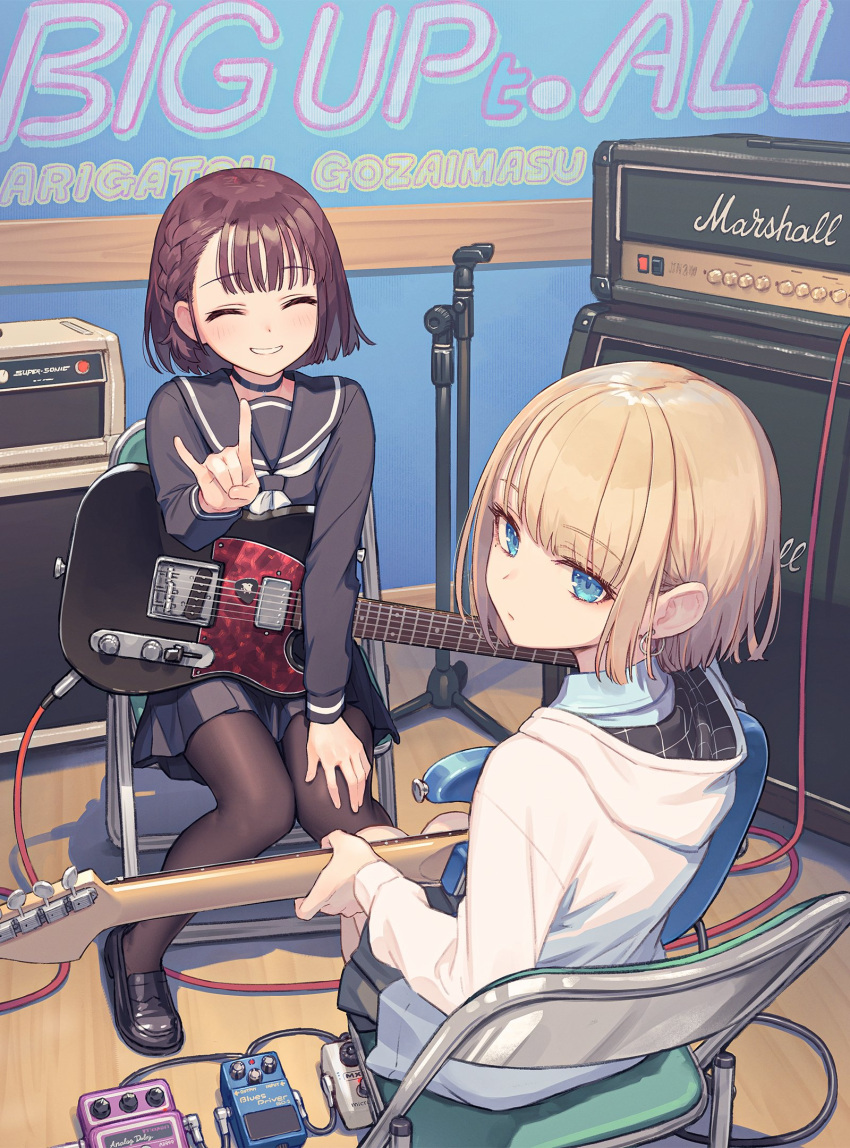 2girls amplifier bangs black_footwear blonde_hair blue_eyes braid brown_hair chair closed_eyes closed_mouth earrings effects_pedal electric_guitar guitar hand_on_own_knee hand_up highres holding holding_instrument hood hood_down hoop_earrings instrument jewelry knees_together_feet_apart kurobuta_gekkan loafers long_sleeves looking_back marshall microphone_stand multiple_girls on_chair original pantyhose parted_lips pleated_skirt sailor_collar school_uniform serafuku shoes short_hair sitting skirt smile symbol-only_commentary