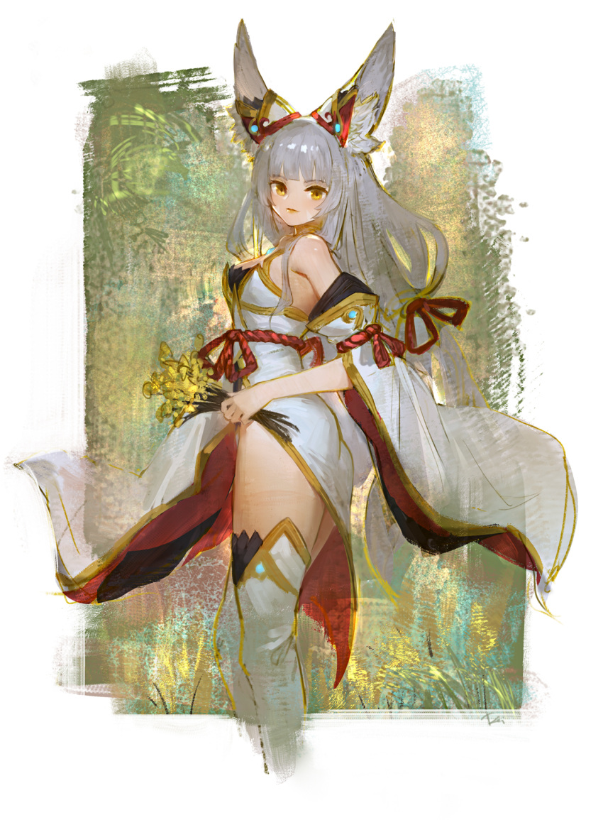 1girl animal_ears bangs blunt_bangs border breasts cat_ears daible detached_sleeves flower highres holding holding_flower long_hair looking_at_viewer nia_(xenoblade) painterly small_breasts solo thigh-highs white_border white_legwear xenoblade_chronicles_(series) xenoblade_chronicles_2 yellow_eyes