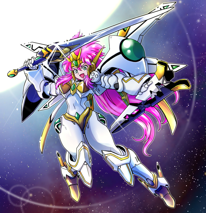 1girl green_eyes highres holding holding_sheath holding_sword holding_weapon lens_flare long_hair mecha mecha_musume open_mouth pink_hair science_fiction sheath smile solo space super_robot_wars super_robot_wars_original_generation sword valsione_r very_long_hair weapon yuzupapa