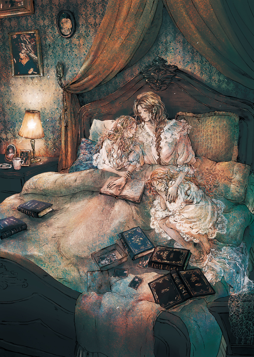 3girls arm_hug barefoot bed blanket blonde_hair book braid closed_eyes commentary_request cup desk_lamp dress highres indoors kobone_awaki lamp light light_particles long_hair lying mother_and_daughter multiple_girls nightgown on_bed original painting_(object) pillow sitting sleeping smile wavy_hair white_dress