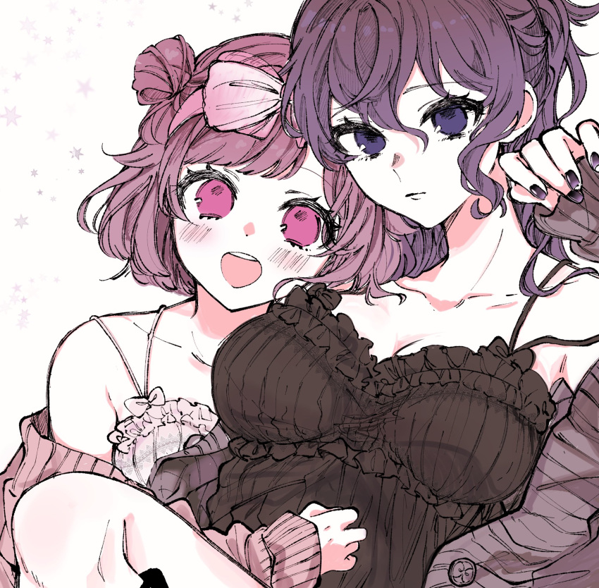 2girls armpit_crease armpits asahina_mafuyu babydoll bangs bare_shoulders black_babydoll black_nails blue_eyes blush breasts brown_cardigan buttons cardigan closed_mouth collarbone dot_nose eyebrows_visible_through_hair eyelashes fingernails hair_ribbon hairband hana_kon_(17aaammm) hand_on_another's_stomach hand_up high_ponytail highres knee_up large_breasts multiple_girls ootori_emu open_cardigan open_clothes open_mouth pink_babydoll pink_cardigan pink_eyes pink_hair pink_hairband pink_ribbon project_sekai purple_hair ribbon serious short_hair side-by-side sidelocks simple_background sleepwear sleeves_past_wrists spaghetti_strap star_(symbol) starry_background swept_bangs tareme teeth upper_teeth wavy_hair white_background
