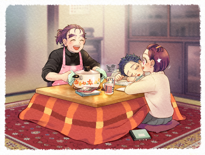 1girl 2boys :d ^_^ akaza_(kimetsu_no_yaiba) alternate_universe apron bangs_pinned_back black_hair black_sweater blurry blush bookmark border brown_hair carpet closed_eyes cup cushion depth_of_field eyelashes family father_and_daughter grey_skirt hair_ornament hairclip happy holding holding_pen holding_pot indoors keizou_(kimetsu_no_yaiba) kimetsu_no_yaiba kotatsu koyuki_(kimetsu_no_yaiba) long_sleeves looking_at_another mug multiple_boys notebook open_mouth pen pencil_case pink_apron pink_eyes pleated_skirt polka_dot polka_dot_apron ponytail pot profile rounded_corners short_hair sitting skirt sleeping sleeves_pushed_up smile steam studying sweater table thick_eyebrows turtleneck turtleneck_sweater white_border yuki_(yuki3243) zabuton