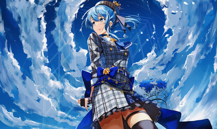 1girl absurdres ascot belt beret blue_eyes blue_hair choker clouds crown dutch_angle earrings flower from_below gloves hat highres hololive hoshimachi_suisei jewelry maruno_ball mini_crown partially_fingerless_gloves plaid plaid_shirt plaid_skirt shirt single_thighhigh skirt sky solo thigh-highs thigh_strap virtual_youtuber zettai_ryouiki