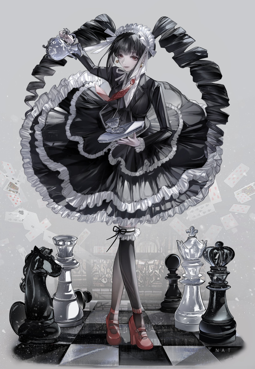 1girl absurdres bangs black_dress black_hair black_legwear celestia_ludenberg checkered_floor chess_piece cup danganronpa:_trigger_happy_havoc danganronpa_(series) dress drill_hair earrings flower frilled_dress frills full_body high_heels highres holding holding_teapot holding_tray jewelry king_(chess) knight_(chess) layered_dress long_hair long_sleeves looking_away maid_headdress nat_nim necktie pawn_(chess) queen_(chess) red_eyes red_flower red_necktie rook_(chess) solo standing teacup teapot thigh-highs tray twin_drills twintails