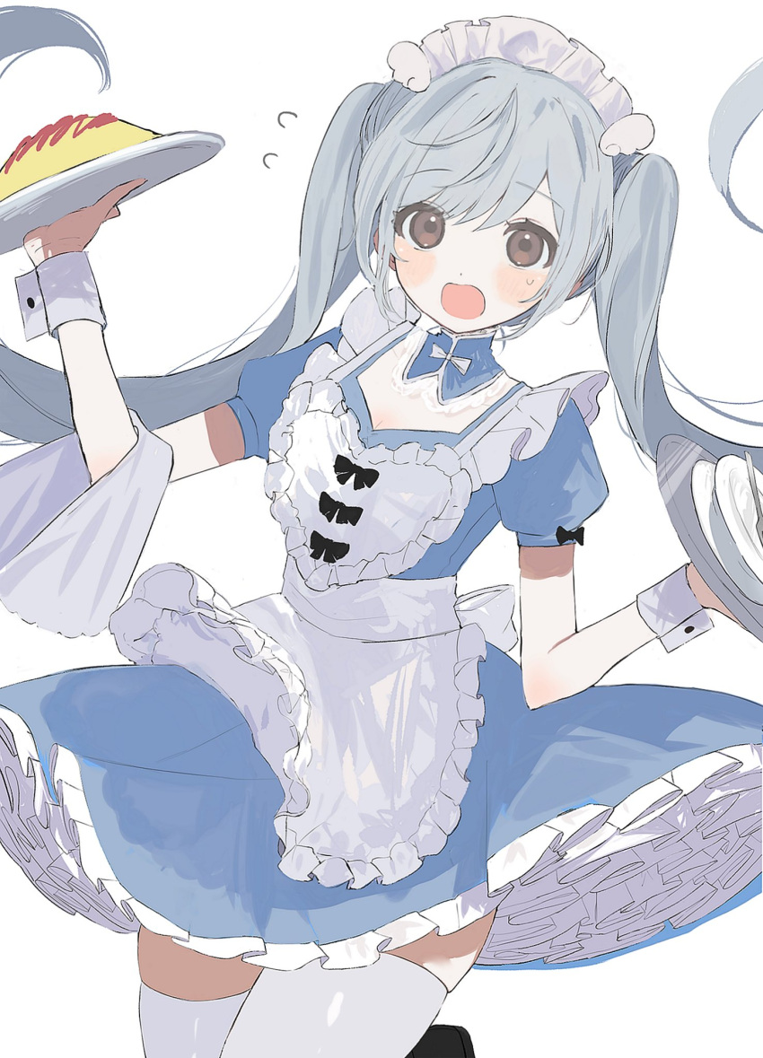1girl apron bangs black_bow blue_dress bow brown_eyes commentary detached_sleeves dress flying_sweatdrops food frilled_apron frilled_dress frills grey_hair highres ketchup long_hair maid maid_day maid_headdress mechiru omelet omurice original petticoat plate puffy_short_sleeves puffy_sleeves short_sleeves sidelocks skindentation sleeve_bow solo sweat thigh-highs towel tray twintails very_long_hair white_apron white_headwear wing_hair_ornament wrist_cuffs zettai_ryouiki