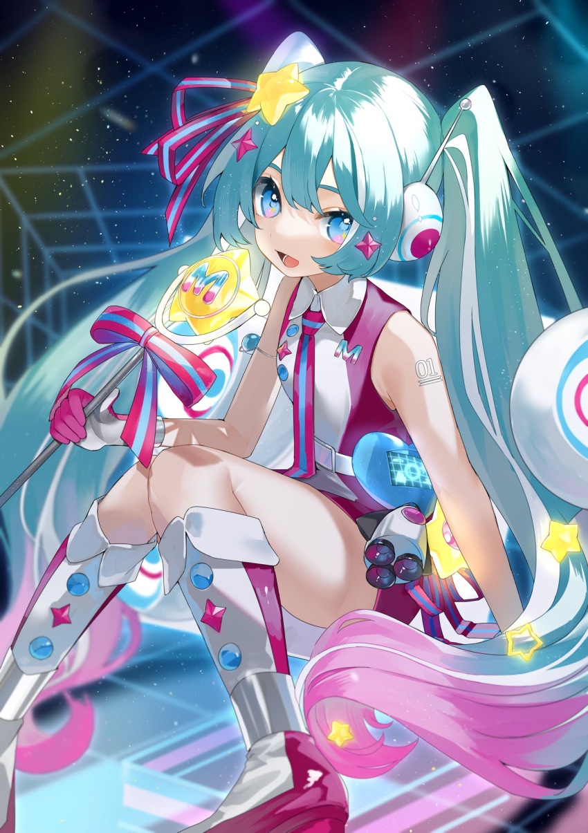 1girl arm_tattoo bangs bare_arms blue_eyes blue_hair blue_necktie blue_ribbon commentary dress gloves grey_gloves hair_ornament hair_ribbon hatsune_miku headphones heart highres holding holding_microphone holding_microphone_stand hologram long_hair magical_mirai_(vocaloid) microphone microphone_stand necktie number_tattoo pink_dress pink_gloves pink_necktie pink_ribbon radar reirou_(chokoonnpu) ribbon silver_gloves sleeveless sleeveless_dress solo spacecraft star_(symbol) star_hair_ornament striped_necktie symbol-only_commentary tattoo twintails two-tone_ribbon very_long_hair vocaloid