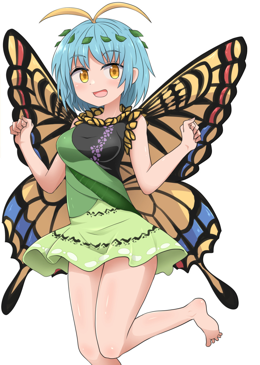 1girl :d antennae bare_legs barefoot blue_hair blush breasts butterfly_wings chups dress eternity_larva foot_out_of_frame highres leaf leaf_on_head looking_at_viewer open_mouth short_hair smile solo standing standing_on_one_leg toes touhou white_background wings