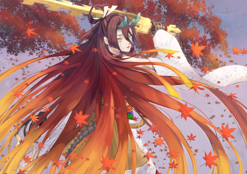 1girl back bare_shoulders beads breasts brown_hair claws detached_sleeves fate/grand_order fate/requiem fate_(series) gradient_hair gradient_sky hair_between_eyes highres horns japanese_clothes kijo_kouyou_(fate) kimono large_breasts leaf long_hair maple_leaf multicolored_hair orange_hair ponytail prayer_beads rope sash sky sleeveless sleeveless_kimono slit_pupils solo sword tail tinaso tree very_long_hair weapon white_kimono wide_sleeves yellow_eyes