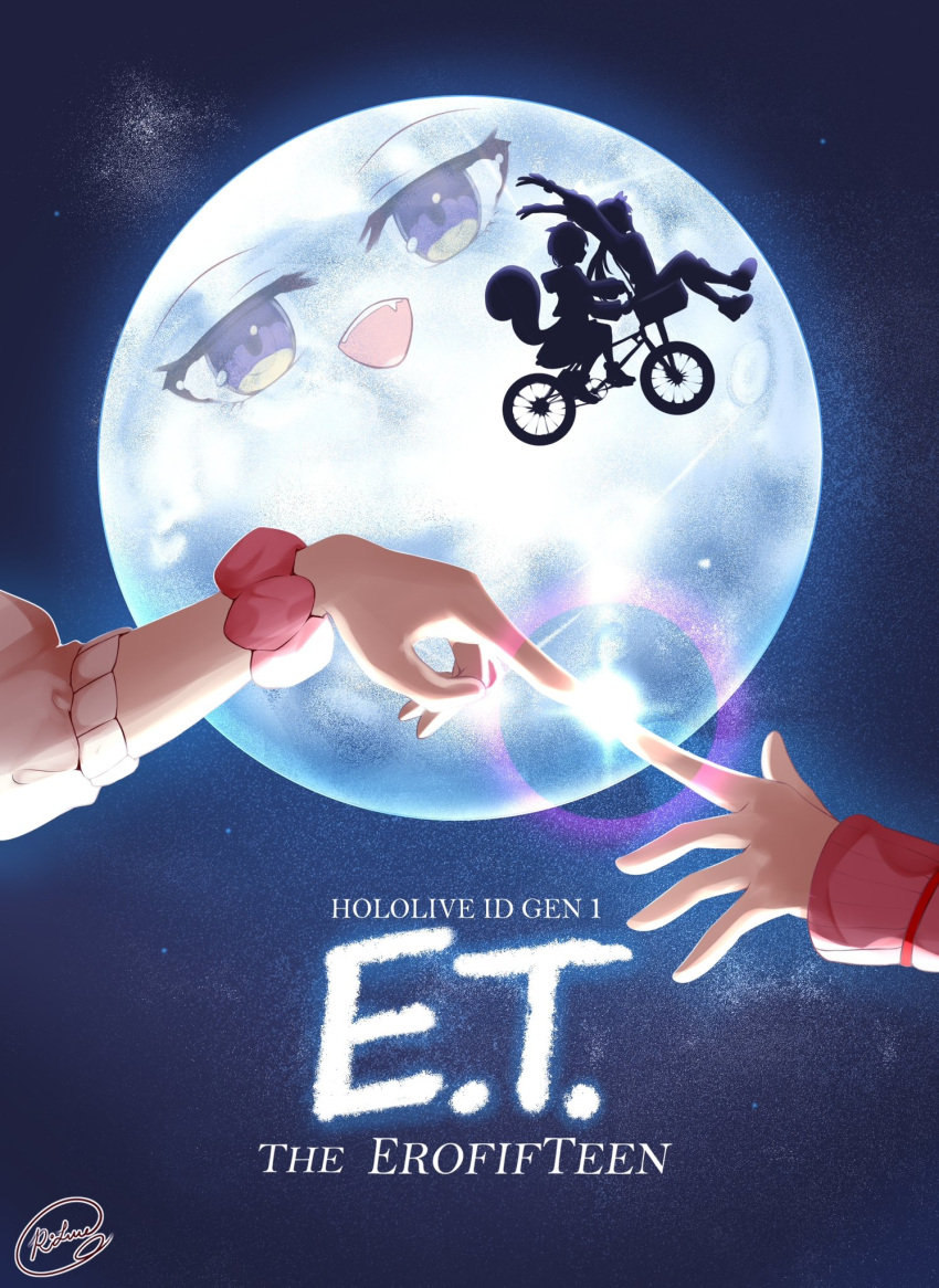 airani_iofifteen ayunda_risu bicycle bicycle_basket e.t. fang full_moon ground_vehicle highres hololive hololive_indonesia moon moona_hoshinova night night_sky parody riding rlus scrunchie signature silhouette sky squirrel_tail tail violet_eyes virtual_youtuber wrist_scrunchie