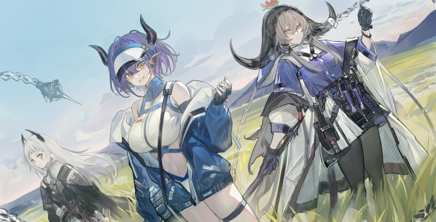 3girls :d absurdres animal_ears arknights axe bare_shoulders belt bikini bikini_under_clothes black_gloves black_jacket black_legwear blue_jacket blue_shirt bottle breasts brown_hair closed_mouth coat cow_ears cow_girl cow_horns cowboy_shot creator_connection dutch_angle earrings echj feet_out_of_frame field fingerless_gloves flail gloves grass green_eyes head_wings highres holding holding_weapon horns irene_(arknights) jacket jewelry large_breasts long_hair long_sleeves miniskirt mountainous_horizon multiple_girls navel off_shoulder open_clothes open_coat open_jacket orange_eyes pallas_(arknights) pantyhose parted_lips pleated_skirt purple_hair scar scar_across_eye scar_on_face shirt short_hair short_hair_with_long_locks short_ponytail shoulder_strap sidelocks sideroca_(arknights) sideroca_(light_breeze)_(arknights) skirt smile standing swimsuit thigh_strap unzipped veil very_long_hair visor_cap weapon white_bikini white_coat white_hair white_headwear white_skirt zipper