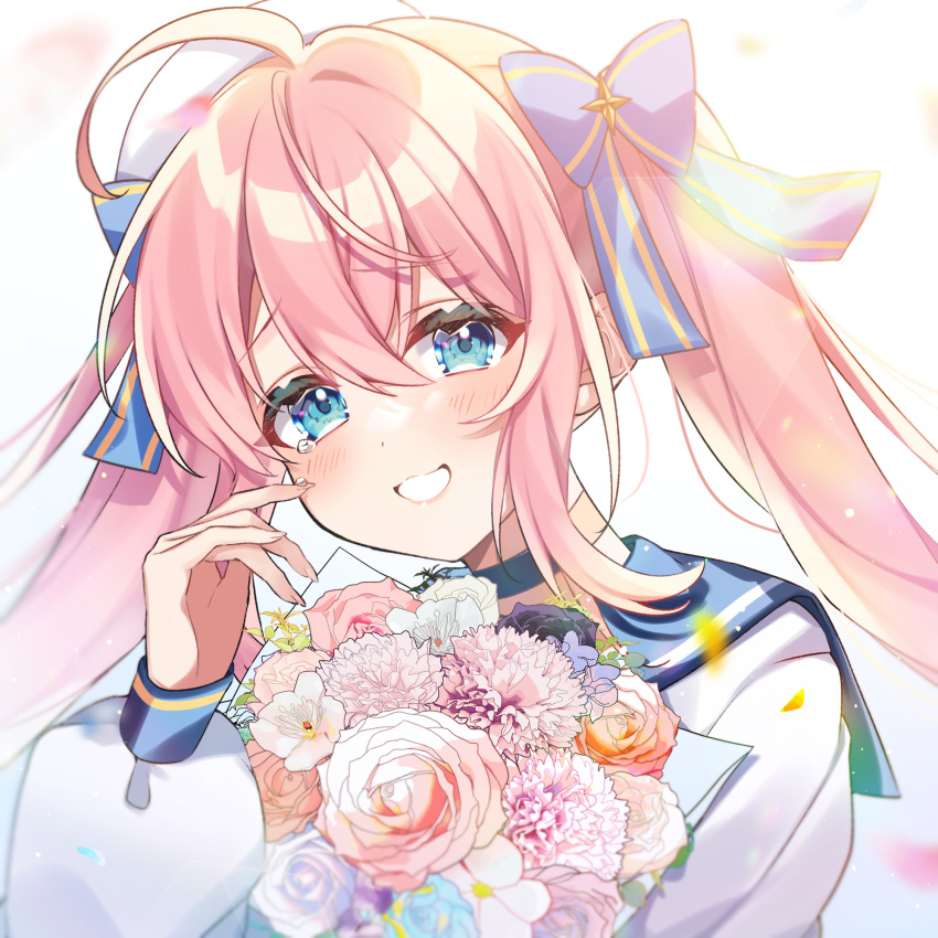 1girl ahoge anzu_1026 bangs blue_choker blue_eyes blue_sailor_collar bouquet bow choker flower hair_between_eyes hair_bow hand_up highres kirano_sion liver_city long_hair long_sleeves looking_at_viewer open_mouth petals pink_hair puffy_sleeves sailor_collar smile solo tears upper_body