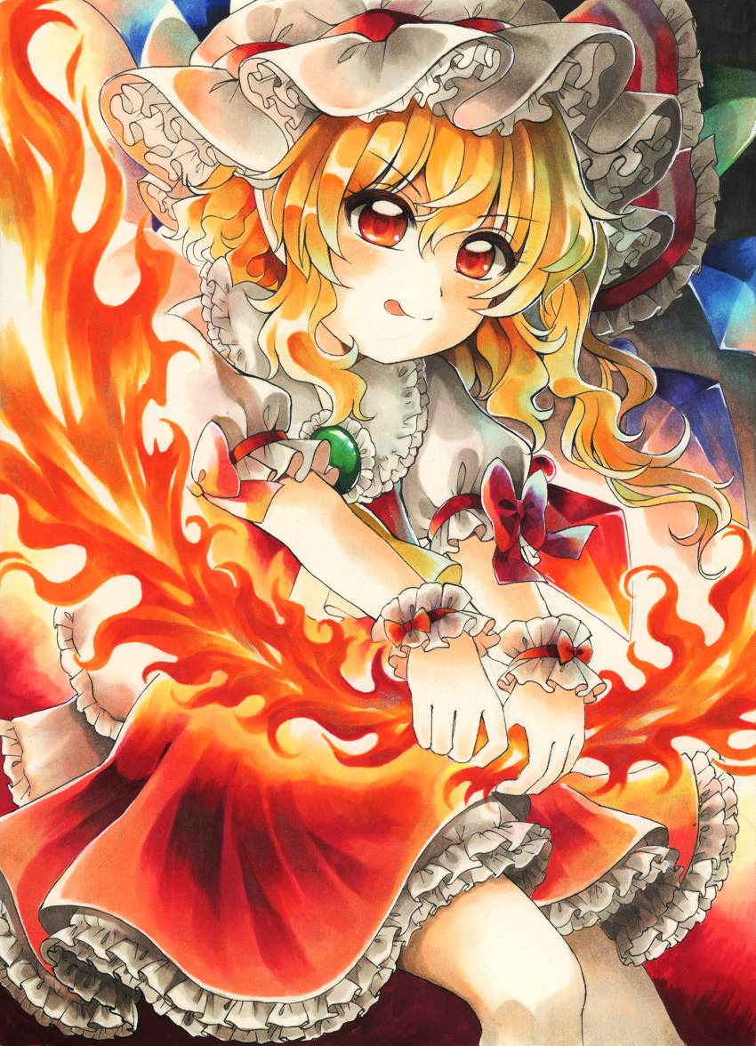 1girl :q back_bow blonde_hair bow brooch commentary_request cowboy_shot eyebrows_visible_through_hair fire flandre_scarlet frilled_bow frilled_shirt_collar frilled_skirt frilled_sleeves frills green_brooch hat hat_ribbon highres jewelry maa_(forsythia1729) marker_(medium) medium_hair mob_cap puffy_short_sleeves puffy_sleeves red_eyes red_ribbon red_skirt red_vest ribbon ribbon-trimmed_headwear ribbon_trim shirt short_sleeves side_ponytail skirt solo tongue tongue_out touhou traditional_media v-shaped_eyebrows vest white_headwear white_shirt wings wrist_cuffs