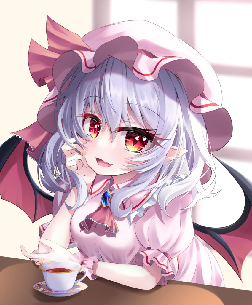 1girl :d ascot bangs bat_wings cup eyebrows_visible_through_hair fang hat hat_ribbon highres indoors looking_at_viewer mob_cap open_mouth pink_headwear pointy_ears purple_hair red_ascot red_eyes red_ribbon remilia_scarlet ribbon s_vileblood short_hair short_sleeves skin_fang smile solo teacup touhou upper_body window wings