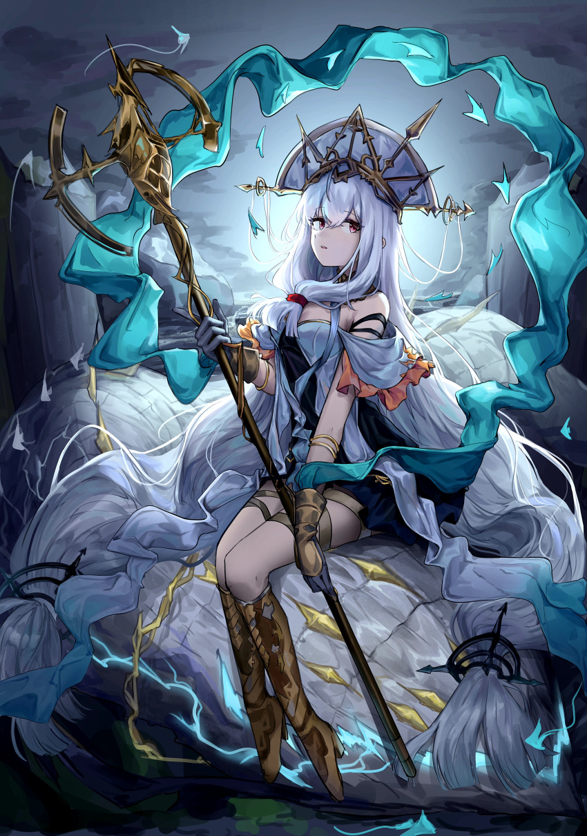 1girl absurdly_long_hair absurdres aqua_ribbon arknights bare_shoulders boots brown_footwear dress eyebrows_visible_through_hair full_body grey_background hair_between_eyes hat highres holding holding_staff knee_boots long_hair looking_at_viewer low-tied_long_hair low_twintails official_alternate_costume polyvora red_eyes ribbon sitting skadi_(arknights) skadi_the_corrupting_heart_(arknights) skadi_the_corrupting_heart_(sublimation)_(arknights) solo staff twintails very_long_hair white_dress white_headwear