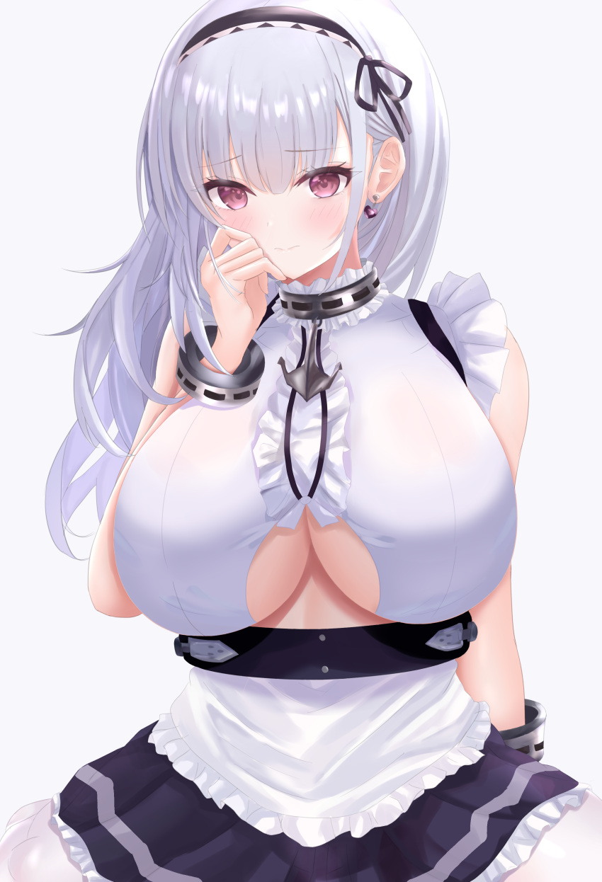 1girl absurdres ana_(vvvvor) anchor_choker anchor_necklace apron azur_lane black_hairband black_skirt breasts center_frills choker clothing_cutout dido_(azur_lane) earrings frilled_choker frills hairband heart heart_earrings highres huge_breasts jewelry lace-trimmed_hairband lace_trim long_hair looking_at_viewer shirt simple_background skirt sleeveless sleeveless_shirt solo under_boob underboob_cutout violet_eyes waist_apron white_apron white_background white_hair